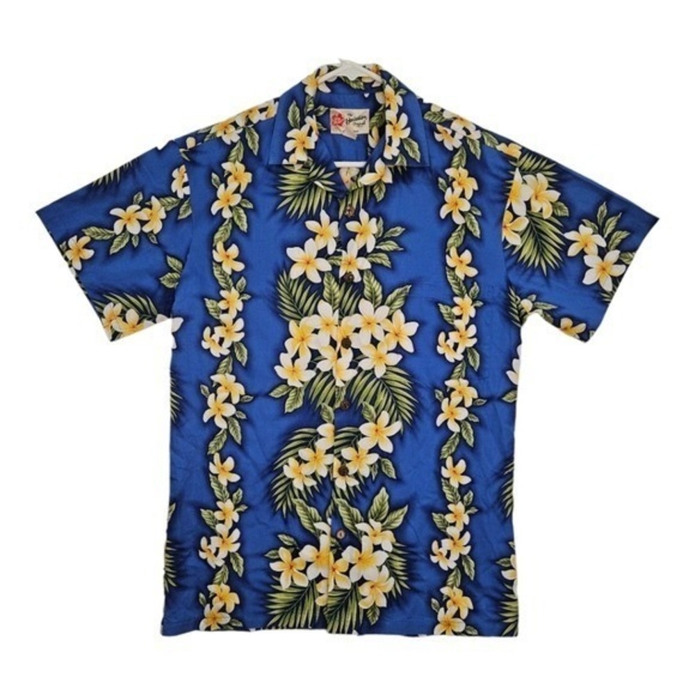 Hilo Hattie Mens Blue Cotton Hawaiian Shirt S Plumeria‎ Floral Aloha Casual